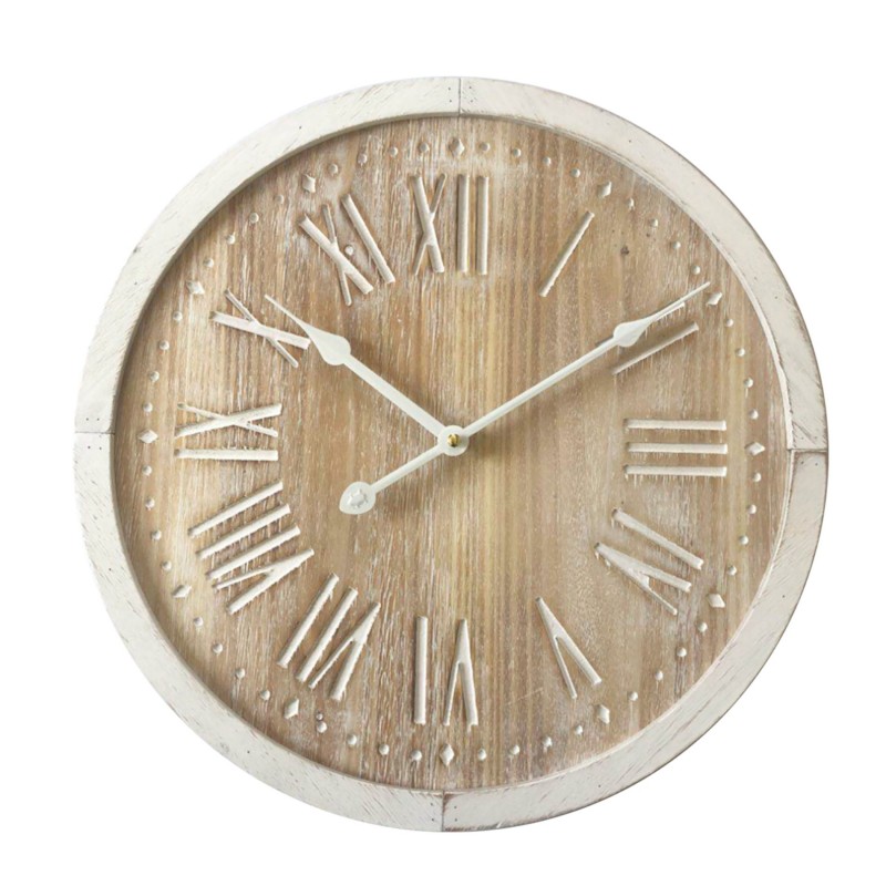 Rebecca Mobili Horloge Murale Ronde Shabby Marron Blanc Mdf 40x40x4,5