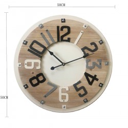 Rebecca Mobili Horloge de Décor Chambre Ronde Bois Metal Beige Marron 50x50x4,5