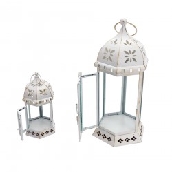 Rebecca Mobili 2 Candle Holders Lanterns White Metal Retro 35x17,5x15,5