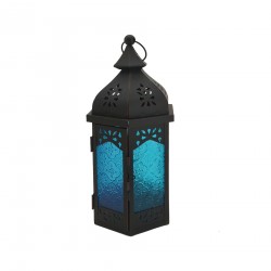 Rebecca Mobili Ethnic Lantern Vidrio Metal Azul Negro Interno Externo 32x16x14