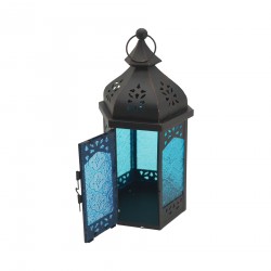 Rebecca Mobili Ethnic Lantern Vidrio Metal Azul Negro Interno Externo 32x16x14