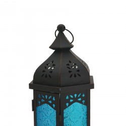 Rebecca Mobili Ethnic Lantern Vidrio Metal Azul Negro Interno Externo 32x16x14