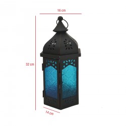 Rebecca Mobili Ethnic Lantern Vidrio Metal Azul Negro Interno Externo 32x16x14