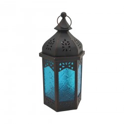 Rebecca Mobili Ethnic Lantern Vidrio Metal Azul Negro Interno Externo 32x16x14