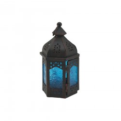 Rebecca Mobili Candleholder Moroccan Style Blue Black Metal Glass 17x9x8