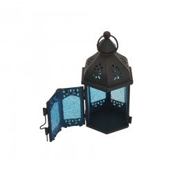 Rebecca Mobili Porta-vela estilo marroquino Lanterna Vidro Preto Azul Metal 17x9x8