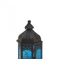 Rebecca Mobili Porta-vela estilo marroquino Lanterna Vidro Preto Azul Metal 17x9x8