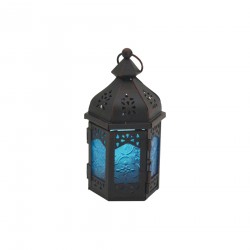 Rebecca Mobili Bougeoir Style Marocain Bleu Noir Métal Verre 17x9x8