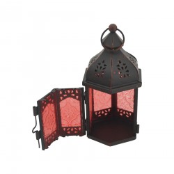 Rebecca Mobili Lantern Candle Holder Ethnic Glass Metal Black Red 17x9x8