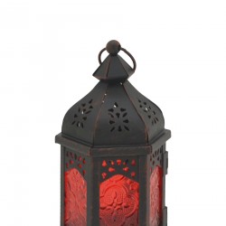 Rebecca Mobili Lanterna Porta Velas Étnico de Vidro Metal Preto Vermelho 17x9x8