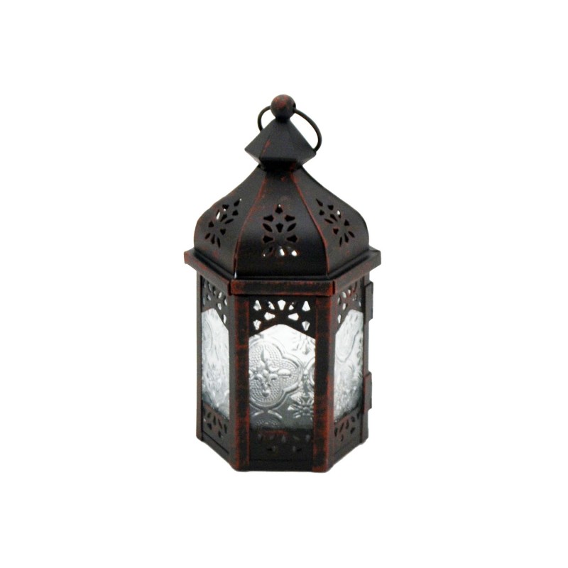 Rebecca Mobili Lanterna de Vidro Ethnic Porta Velas de Metal Balcão Preto 17x9x8