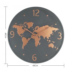 Rebecca Mobili Reloj de pared Mapa del Mundo Metal Gris Oscuro Marrón 45x45x4,5