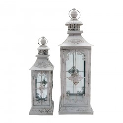 Rebecca Mobili Set of 2 Large White Metal Shabby Candleholder Lanterns for Outdoor and Indoor use