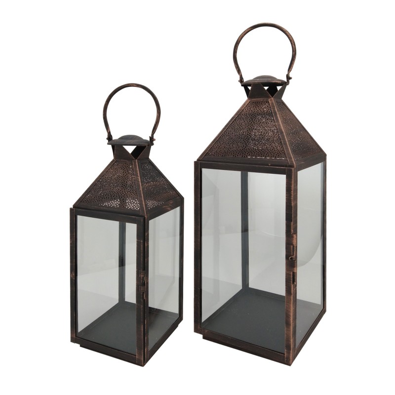 Rebecca Mobili Set of 2 Large Brown Metal and PVC Candleholder Lanterns for Indoor and Outdoor use