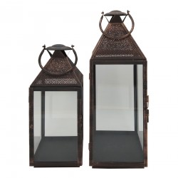 Rebecca Mobili Set of 2 Large Brown Metal and PVC Candleholder Lanterns for Indoor and Outdoor use