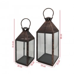 Rebecca Mobili Set of 2 Large Brown Metal and PVC Candleholder Lanterns for Indoor and Outdoor use