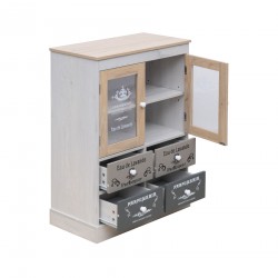 Rebecca Mobili Mobiletto Vetrinetta Shabby con 4 Cassetti 2 Ante in Legno Bianco Beige Grigio