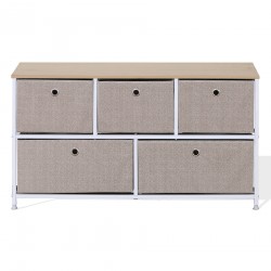 Rebecca Mobili Low Chest of Drawer Cabinet with 5 Drawers in Metal and White Beige Fabric