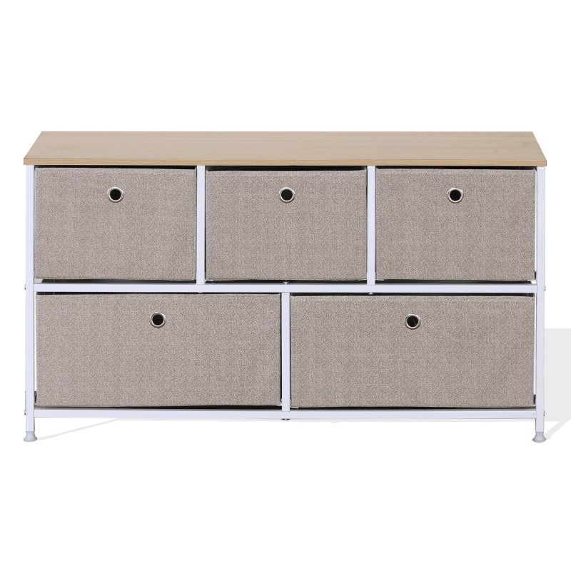 Rebecca Mobili Meuble de rangement bas Chiffonier à 5 tiroirs en metal et tissu blanc beige