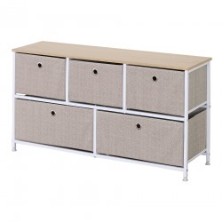 Rebecca Mobili Meuble de rangement bas Chiffonier à 5 tiroirs en metal et tissu blanc beige