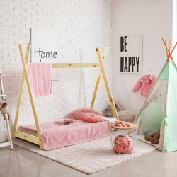 Rebecca Mobili Cadre de lit simple pour enfants Rideau en bois naturel 90x200 Chambre d'enfant