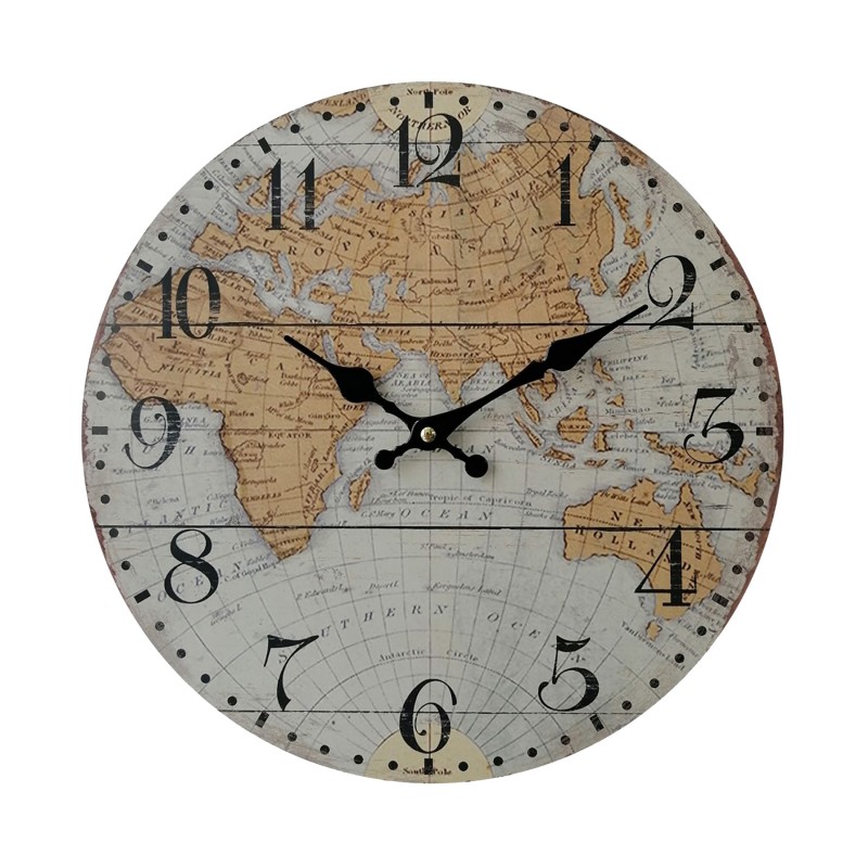 Rebecca Mobili Wall Clock with World Map Mdf Brown Grey Retro Style for Kitchen