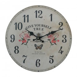 Rebecca Mobili Horloge Murale Ronde Blanc Mdf Imprimé Floral Style Shabby