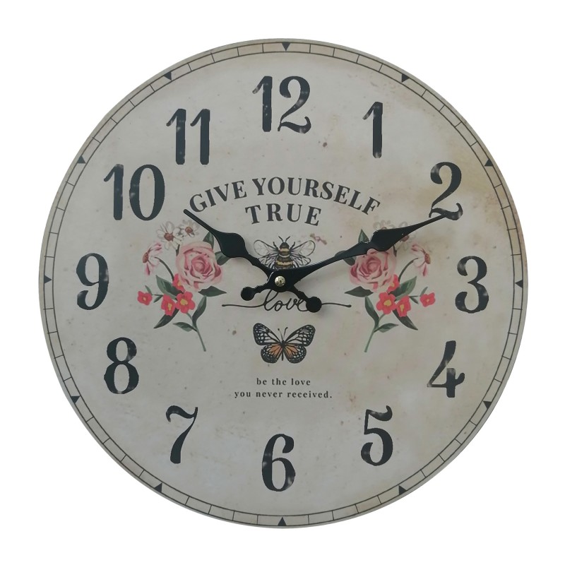 Rebecca Mobili Reloj de Pared Redondo Mdf Blanco Impresión Floral Estilo Shabby