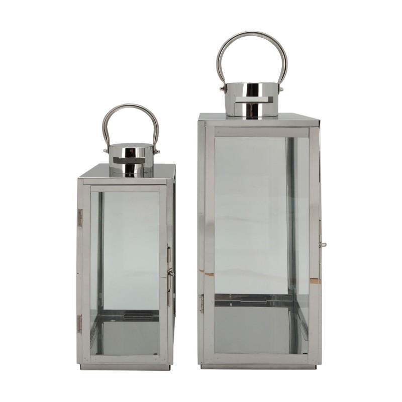 Rebecca Mobili Set of 2 Large Lanterns Silver Grey Steel Pvc for Indoor Outdoors