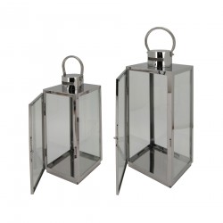 Rebecca Mobili Set of 2 Large Lanterns Silver Grey Steel Pvc for Indoor Outdoors