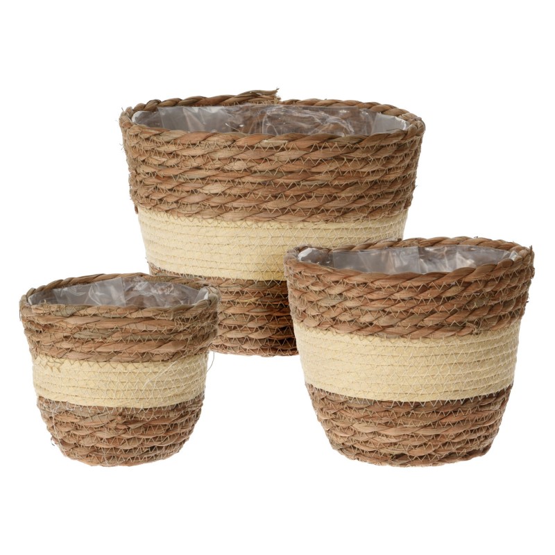 Rebecca Mobili Set 3 Outdoor Plant Baskets Cattail Lined Brown Beige