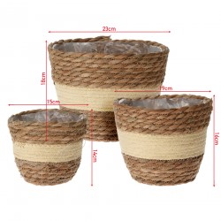 Rebecca Mobili Lote de 3 Cestas para Plantas de Exterior de Totora Forradas Marrón Beige