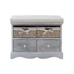 Rebecca Mobili Banquette Gris en Bois 2 Tiroirs 2 Paniers en Osier Shabby 46x60x33