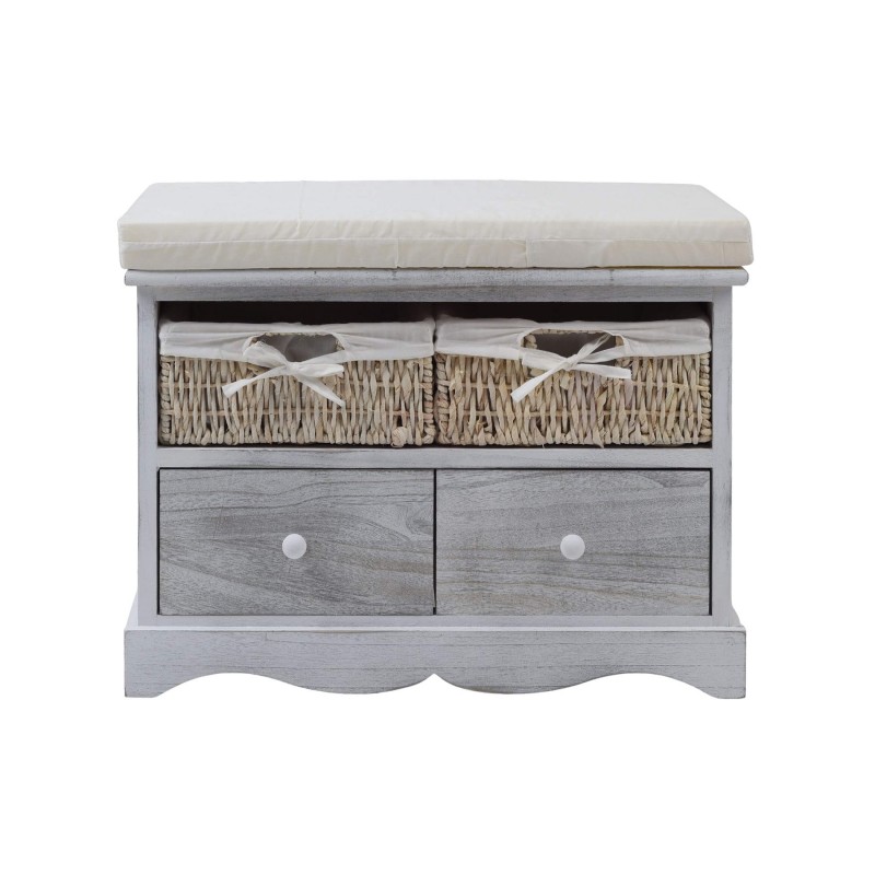 Rebecca Mobili Banquette Gris en Bois 2 Tiroirs 2 Paniers en Osier Shabby 46x60x33