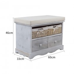 Mobili Rebecca Bench Seat Grey 2 Wood Drawers 2 Wicker Baskets Shabby 46x60x33