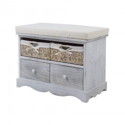 Rebecca Mobili Banquette Gris en Bois 2 Tiroirs 2 Paniers en Osier Shabby 46x60x33