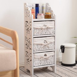 Comodino bianco shabby intagliato con ceste in vimini - Mobili Rebecca