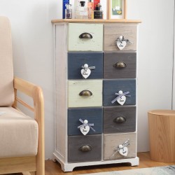 Rebecca Mobili Commode Meuble 10 Tiroirs Bois Blue Gris Blanc Retro 88x48x30