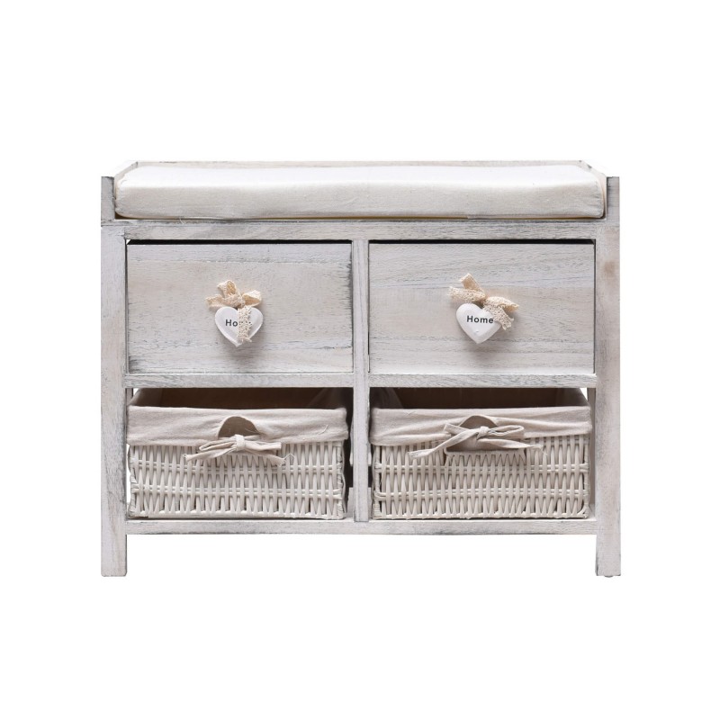 Shabby white pickled bench with 2 drawers and 2 baskets - Mobili Rebecca