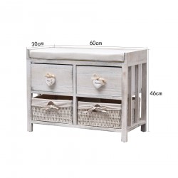 Shabby white pickled bench with 2 drawers and 2 baskets - Mobili Rebecca