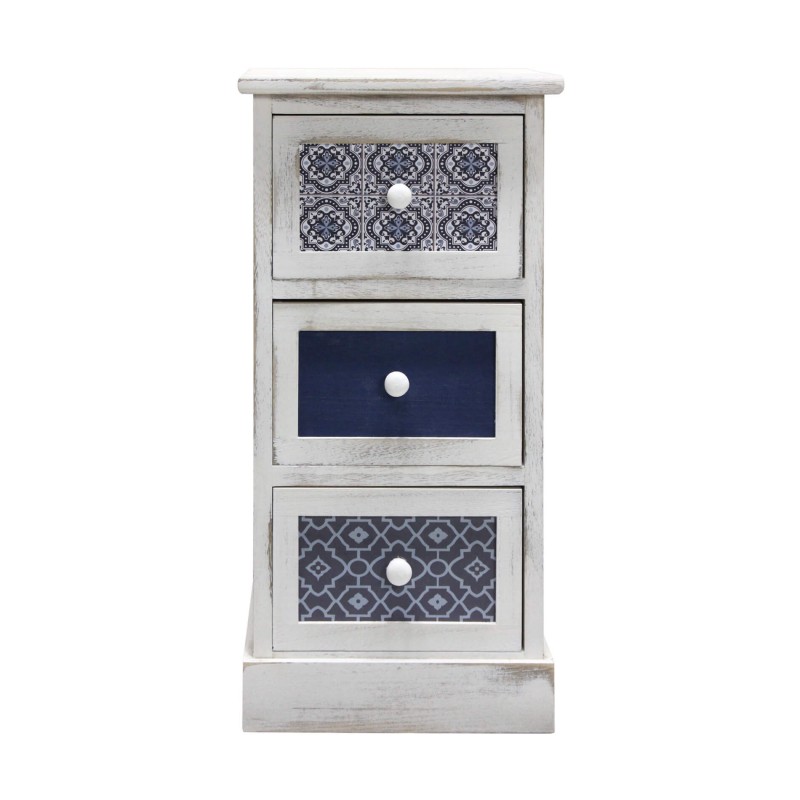 Shabby white bedside table with 3 drawers with prints - Mobili Rebecca