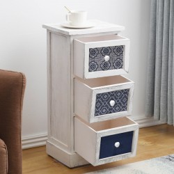 Shabby white bedside table with 3 drawers with prints - Mobili Rebecca