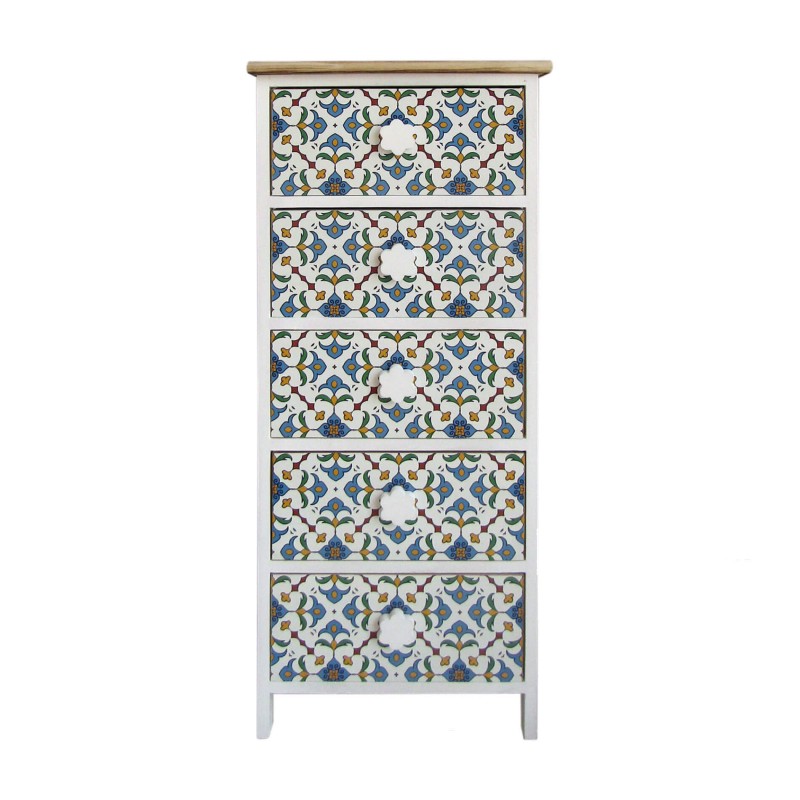 Rebecca Mobili Commode 5 Tiroirs Moderne Bois Clair Blanc Bleu 93x40x30