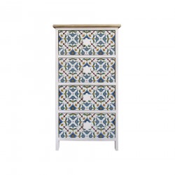 Rebecca Mobili Cassettiera 4 Cassetti Maioliche Legno Chiaro Bianco Blu 76x40x30