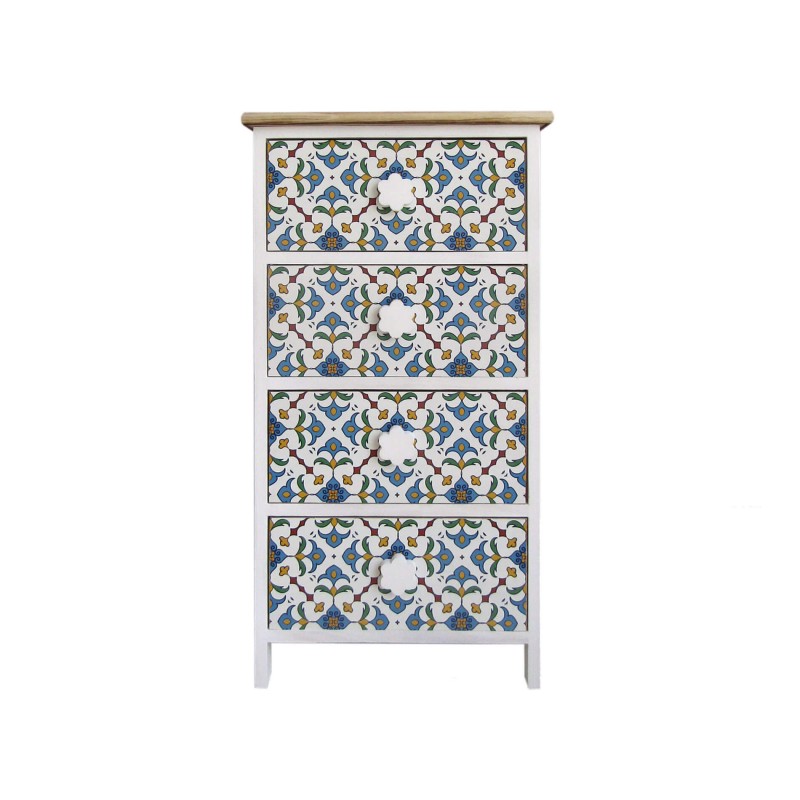 Rebecca Mobili Cassettiera 4 Cassetti Maioliche Legno Chiaro Bianco Blu 76x40x30