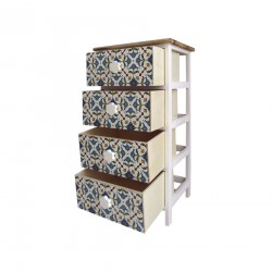 Rebecca Mobili Cassettiera 4 Cassetti Maioliche Legno Chiaro Bianco Blu 76x40x30