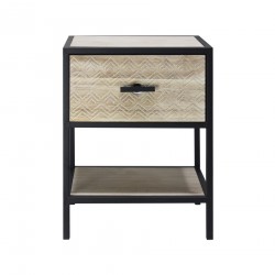 Rebecca Mobili Table de Chevet Avec Étagère, Meuble de Chambres Métal et Bois,Beige Noir 1 Tiroir 47.5x35x25 cm