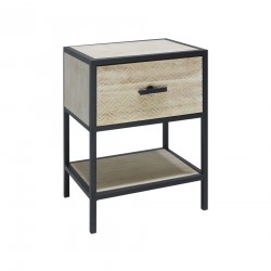 Rebecca Mobili Table de Chevet Avec Étagère, Meuble de Chambres Métal et Bois,Beige Noir 1 Tiroir 47.5x35x25 cm