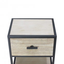 Rebecca Mobili Table de Chevet Avec Étagère, Meuble de Chambres Métal et Bois,Beige Noir 1 Tiroir 47.5x35x25 cm