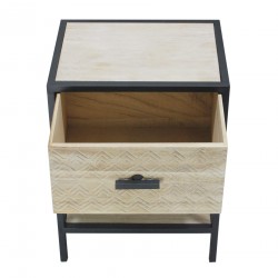 Rebecca Mobili Table de Chevet Avec Étagère, Meuble de Chambres Métal et Bois,Beige Noir 1 Tiroir 47.5x35x25 cm